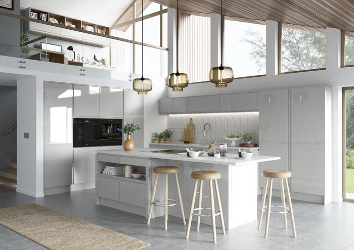 Strada Gloss kitchen in Light Grey, full room view