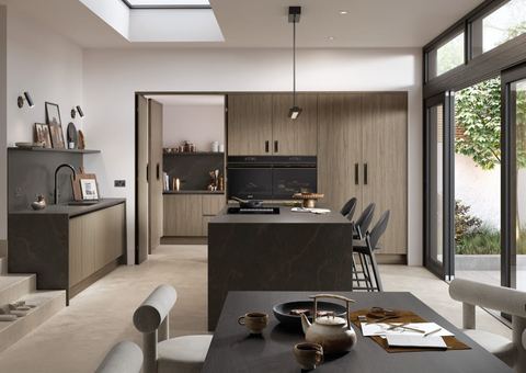 STORI Versa kitchen in Weathered Silver, a slab with vertical grain door