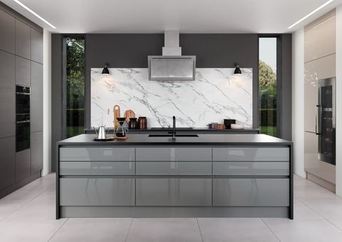 STORI Zola Gloss kitchen in Dust Grey & Cashmere, a handleless slab door