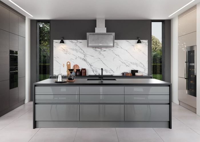Zola Gloss kitchen in Dust Grey & Cashmere, full room view