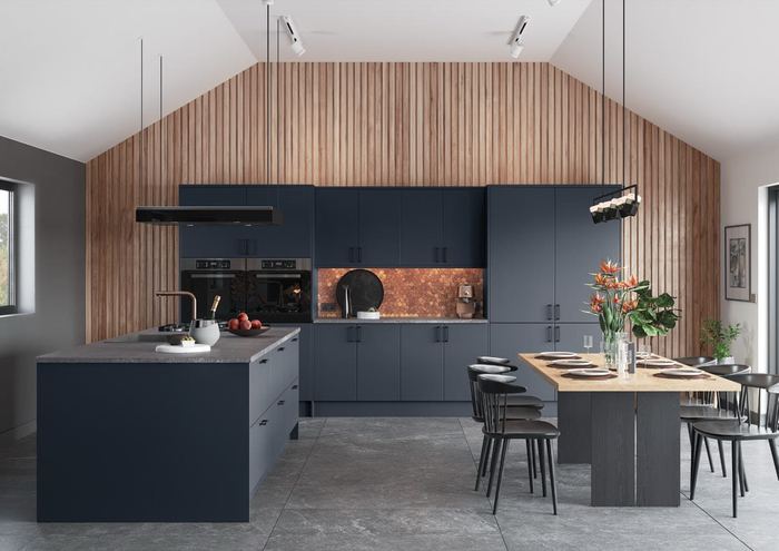 Zola Matte kitchen in Slate Blue, full room view