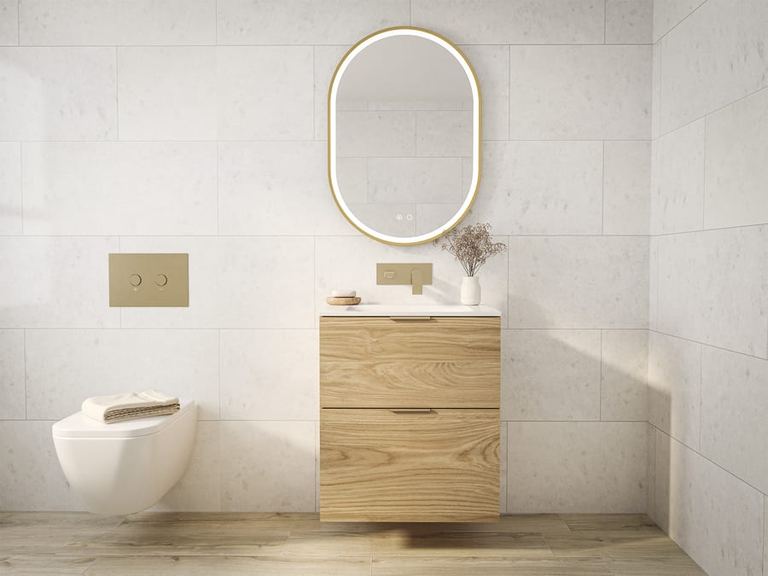Cosenza vanity in Light Oak with a Briella mirror and brushed brass tap