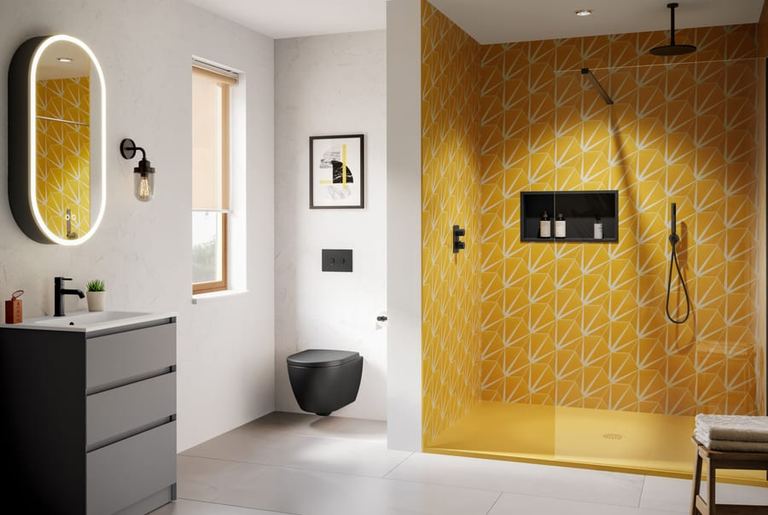 Davoli sanitaryware with Mozzano furniture and a Mont tray
