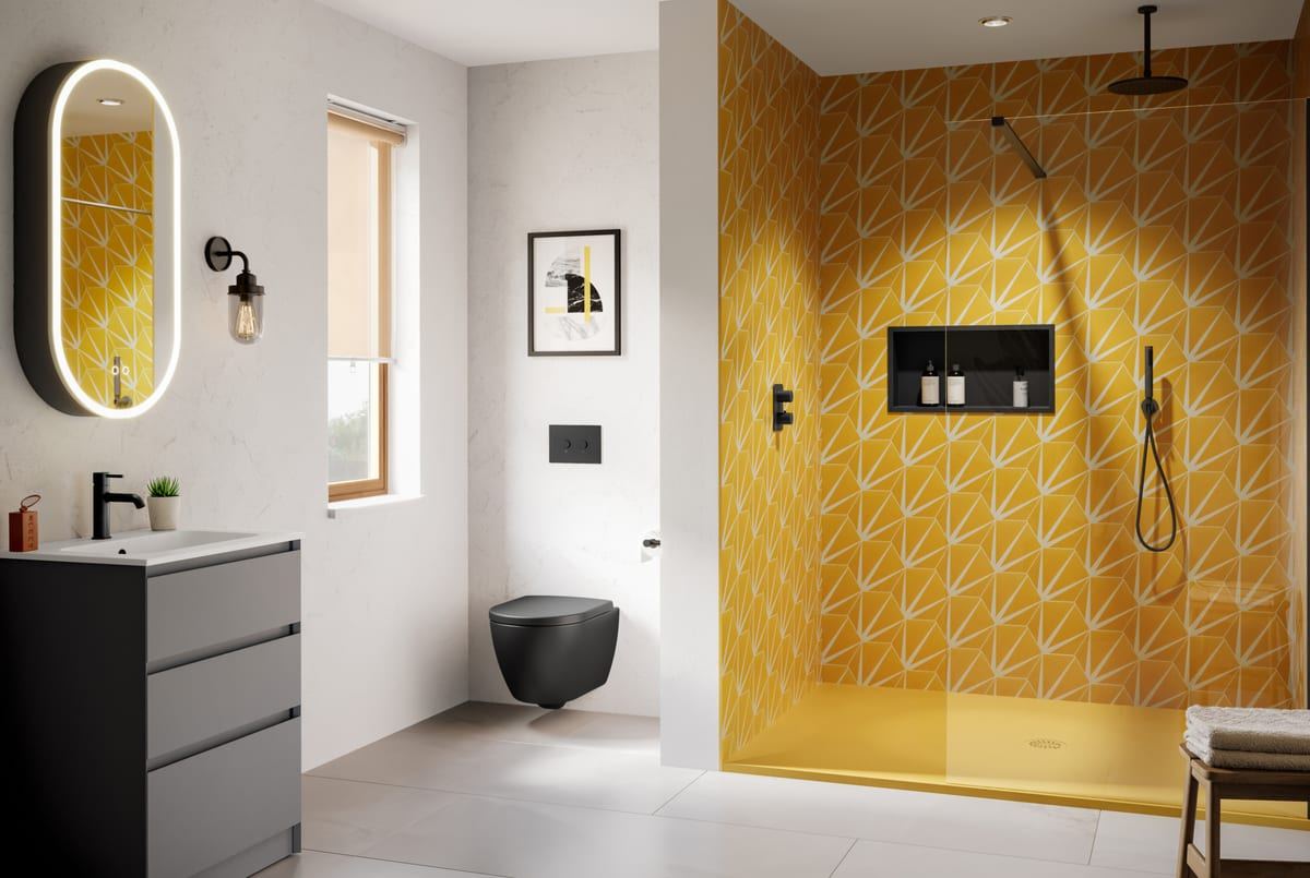 Mont bespoke RAL tray in yellow with Mozzano furniture and Tavo glass