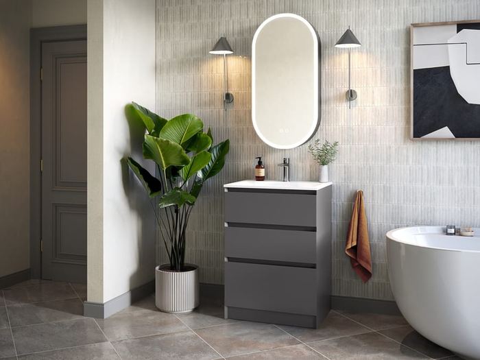 Mozzano floor-standing unit in Matt Grey with a Forma mirror cabinet