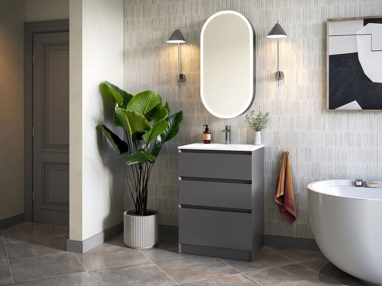 Mozzano floor-standing unit in Matt Grey with a Forma mirror cabinet