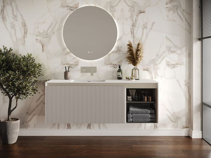 Stratto unit in Soft Taupe with open shelving