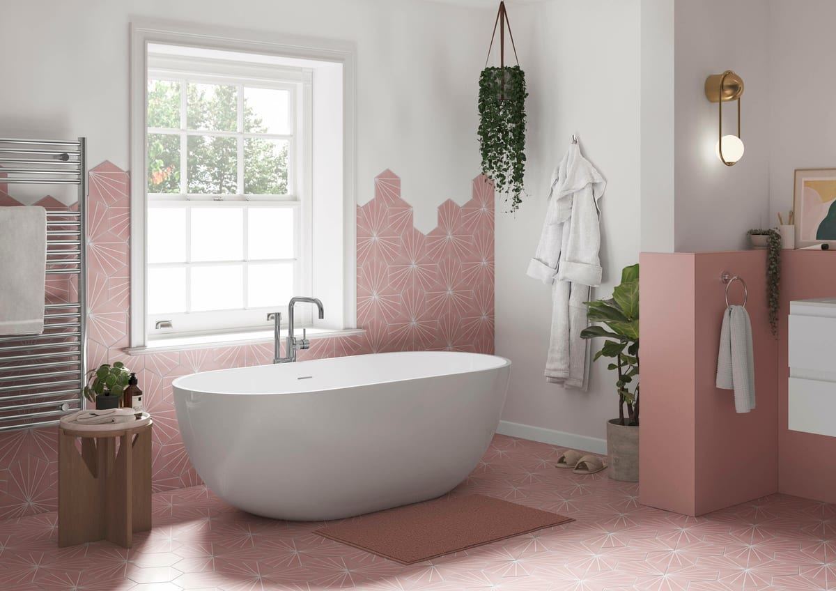 Tanaro freestanding bath in a white-tiled bathroom
