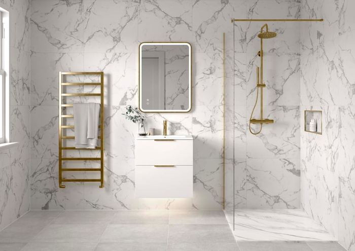 Tavo brushed brass glass with a Cosenza vanity and Briella mirror