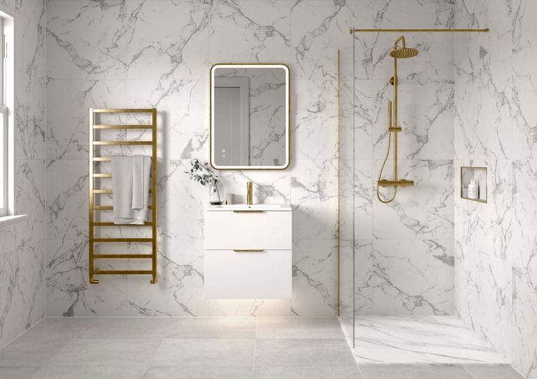 Tavo brushed brass glass with a Cosenza vanity and Briella mirror