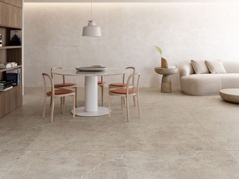 Unika Bone porcelain tiles fitted in a room, cream & beige, matt