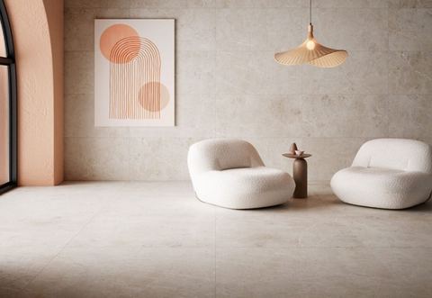 Unika Light porcelain tiles fitted in a room, cream & beige, matt