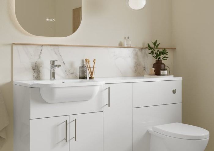 Aston fitted run in Glossy White with a basin and WC