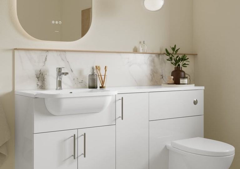 Aston fitted run in Glossy White with a basin and WC