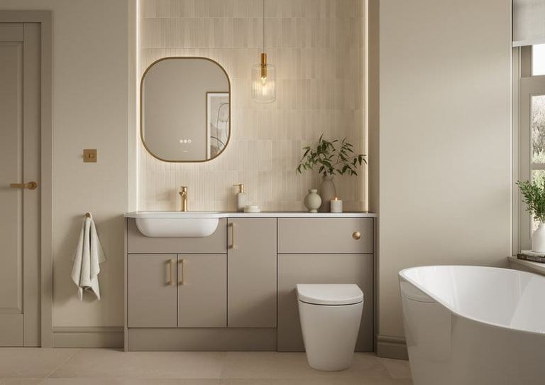 Bourton fitted run in Cashmere with a freestanding bath