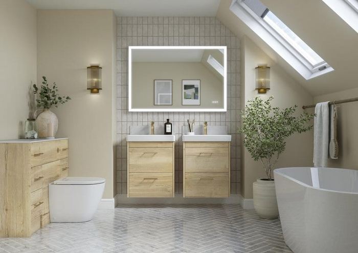 Bourton wall-hung units in Halifax Oak in a loft bathroom