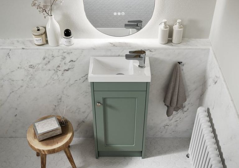 Buckland unit in Muted Green with a round lit mirror