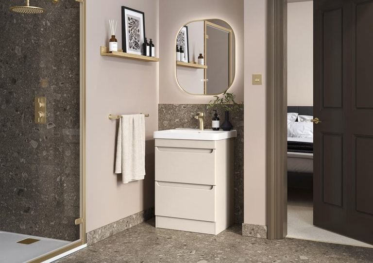 Byford vanity in Soft Sand in a pink-walled bathroom
