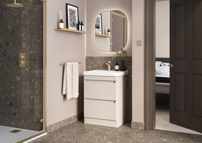 Byford vanity in Soft Sand in a pink-walled bathroom