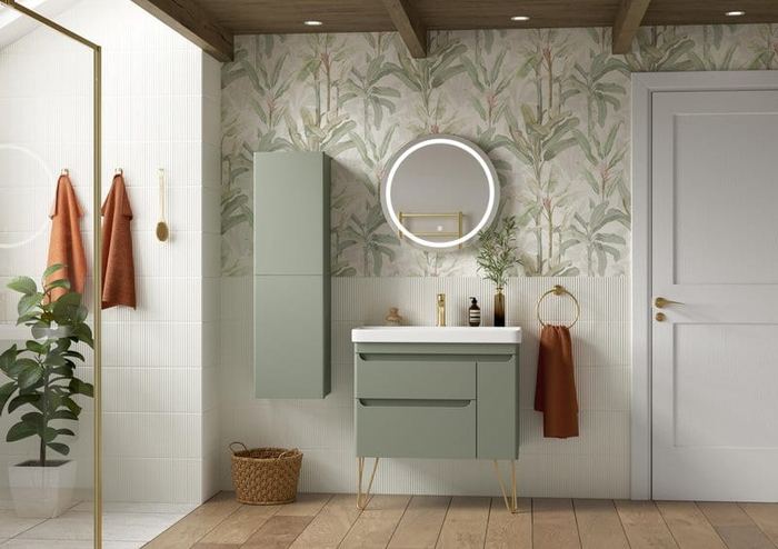 Byford vanity in Willow Green with patterned wallpaper