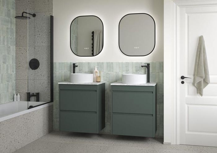 Elmore twin vanities in Muted Green