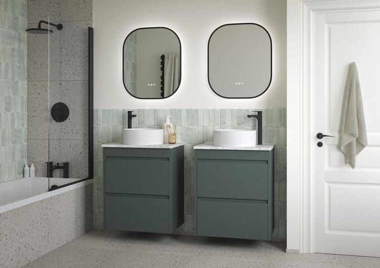 Elmore twin vanities in Muted Green