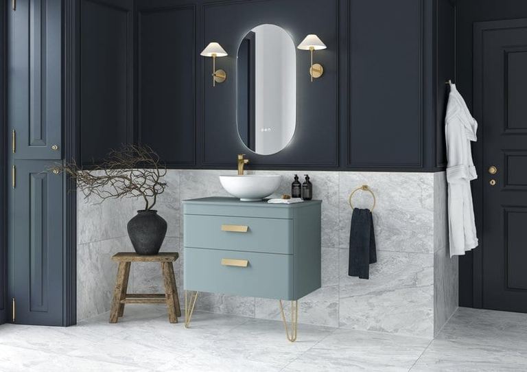 Henbury vanity in Artisian Blue in a navy panelled room