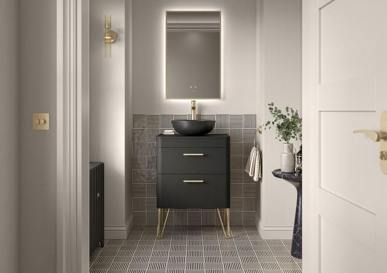 Henbury vanity in Solid Black with a grey tiled wall