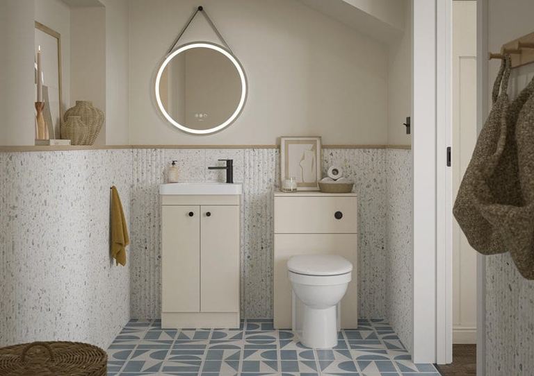 Henbury vanity in Matt White with a WC and patterned floor