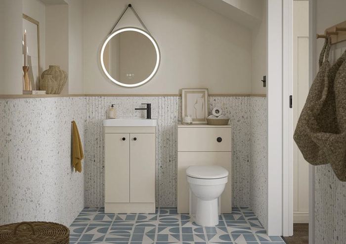 Henbury vanity in Matt White with a WC and patterned floor