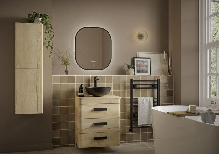 Henbury vanity in Halifax Oak with a freestanding bath