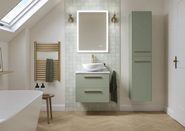 Highfield vanity in Reed Green in a loft bathroom