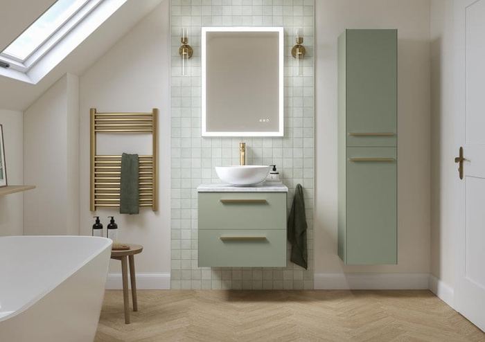Highfield vanity in Reed Green in a loft bathroom