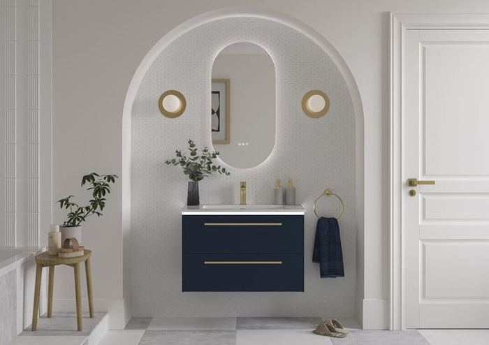 Highfield vanity in Nocturne Blue in an arched alcove