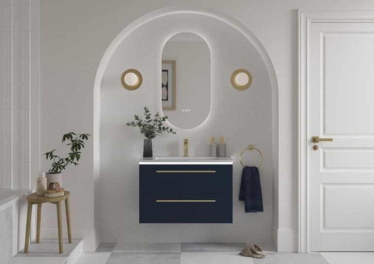 Highfield vanity in Nocturne Blue in an arched alcove