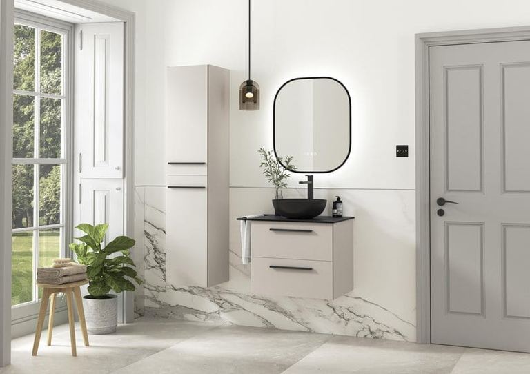 Highfield vanity in Cashmere Grey with a marble surround