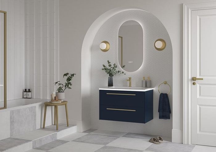 Highfield vanity in Nocturne Blue with a lit mirror