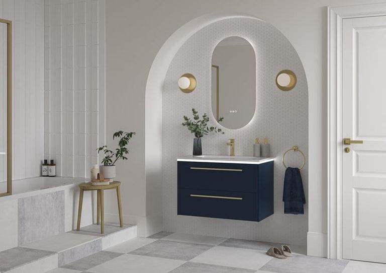 Highfield vanity in Nocturne Blue with a lit mirror