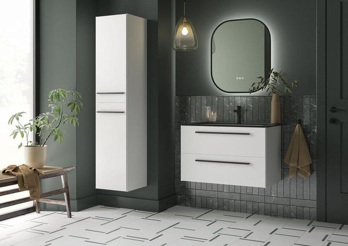 Highfield vanity in Silk White against a dark green wall