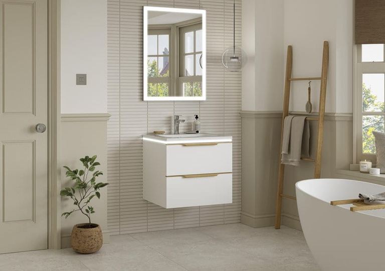 Oakley vanity in Silk White with a freestanding bath