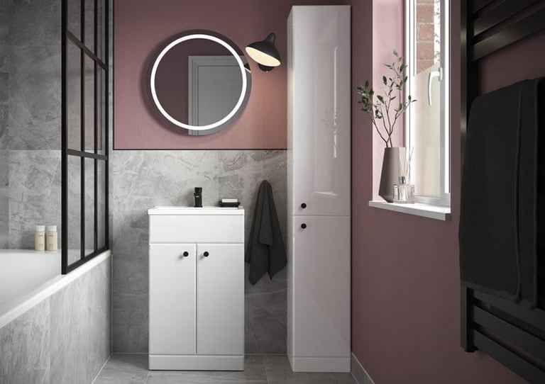 Radway units in White Gloss in a mauve-walled bathroom