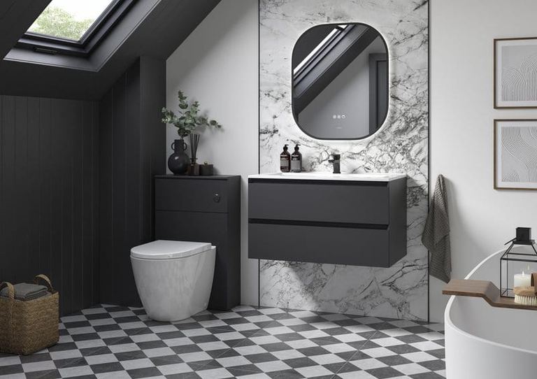 Verona units in Anthracite Gloss on a chequerboard floor