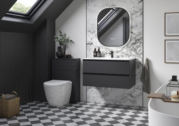Verona units in Anthracite Gloss on a chequerboard floor