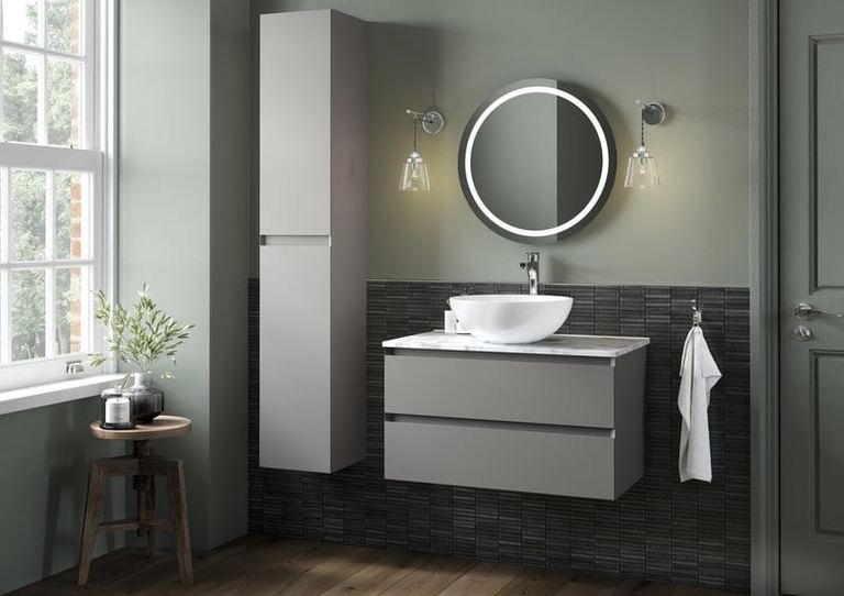 Verona vanity in Matt Truffle against a green wall
