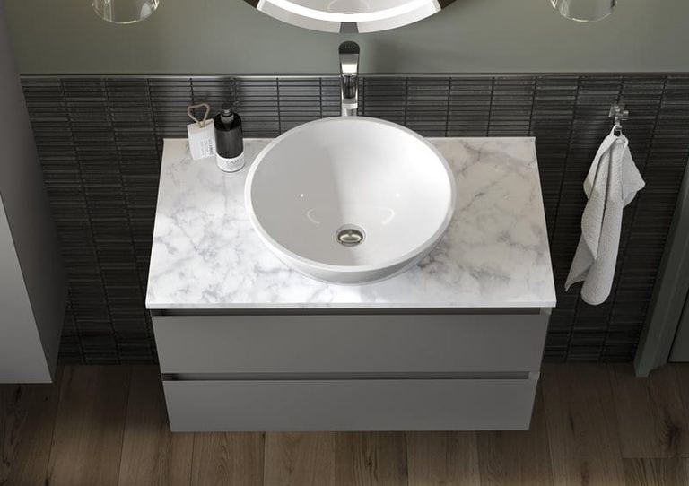 Verona vanity in Matt Truffle with a vessel basin and marble top