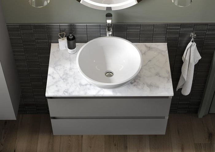 Verona vanity in Matt Truffle with a vessel basin and marble top