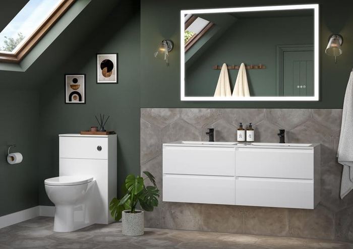 Verona fitted run in White Gloss in a green-walled bathroom