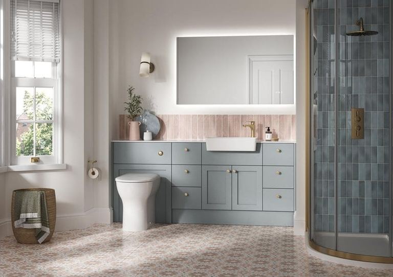 Winson fitted run in Matt Grey in a pink-walled bathroom