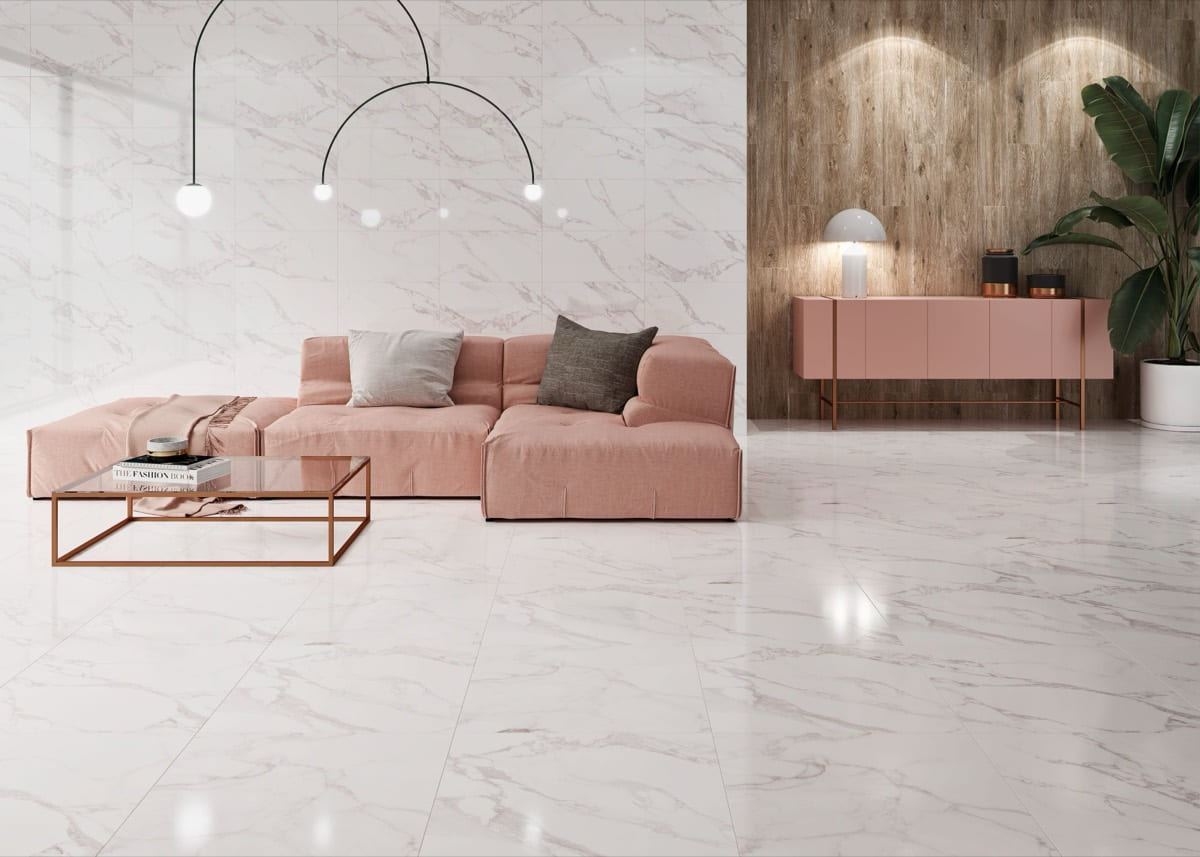 Venus Gloss ceramic tiles fitted in a room, marble-effect, gloss & polished