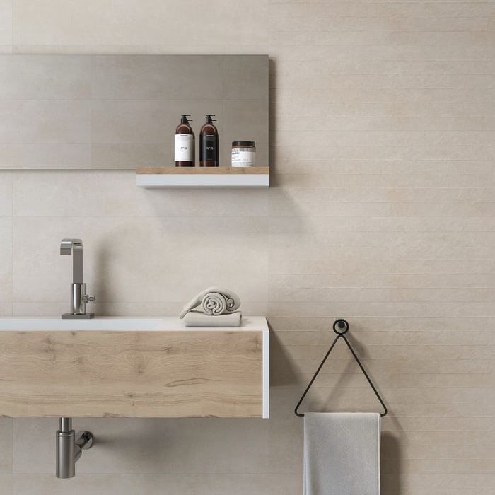 Viterbo Nubole ceramic tiles fitted in a room, cream & beige, matt